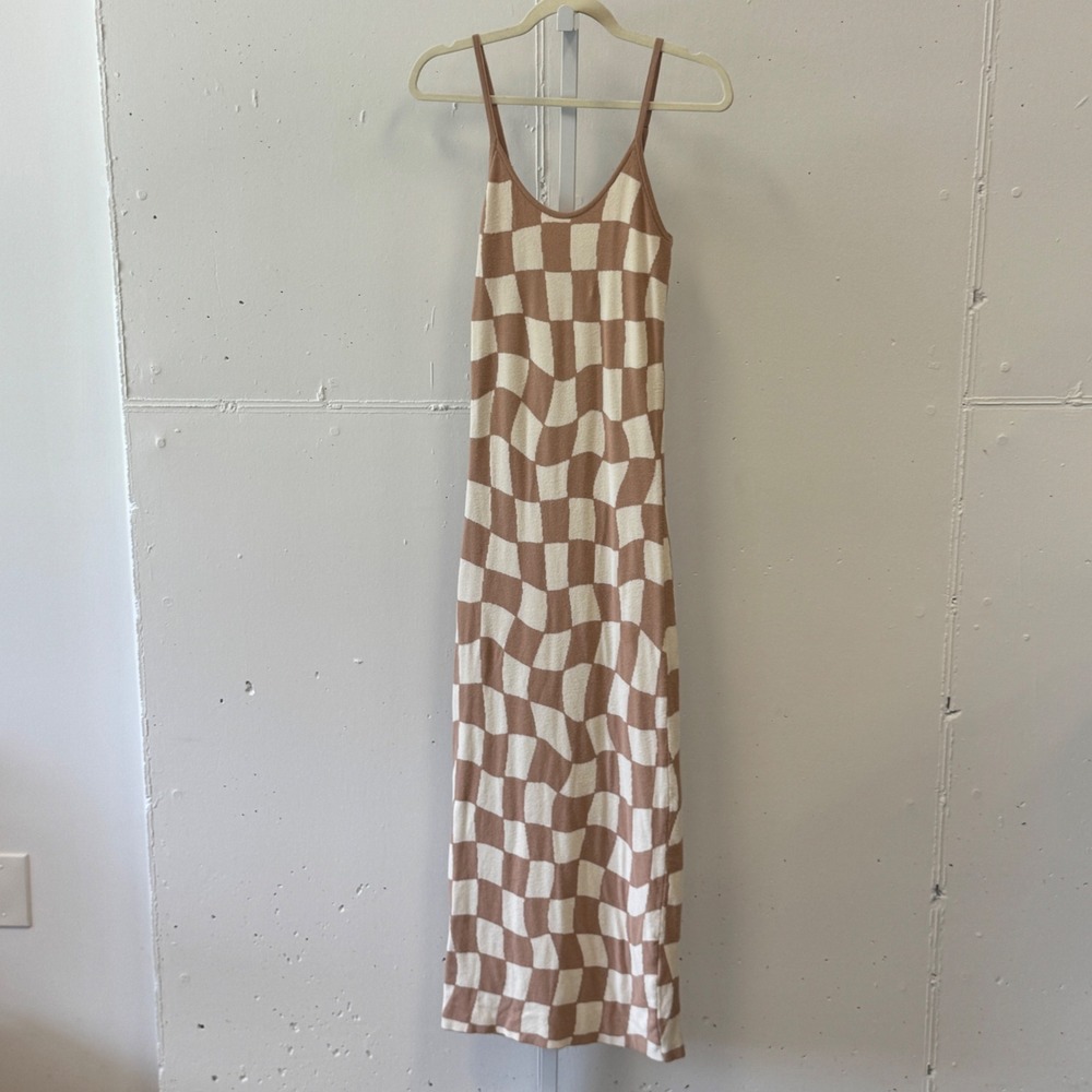 Peppermayo Wavy Checkerboard Knit Midi Dress Tan Cream S/M Sleeveless Bodycon